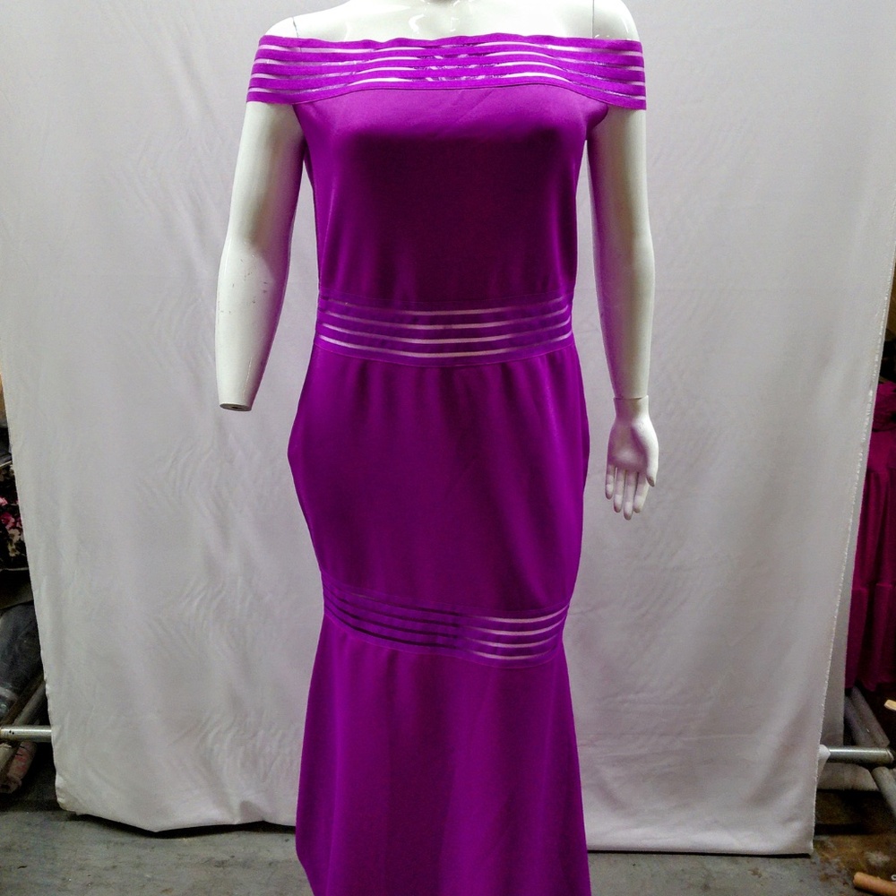 Elegant Off Shoulder Purple Evening Gown W/Clear Mesh Openings